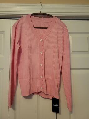 Women’s Pink Ribbed Button-Front Sweater Cardigan